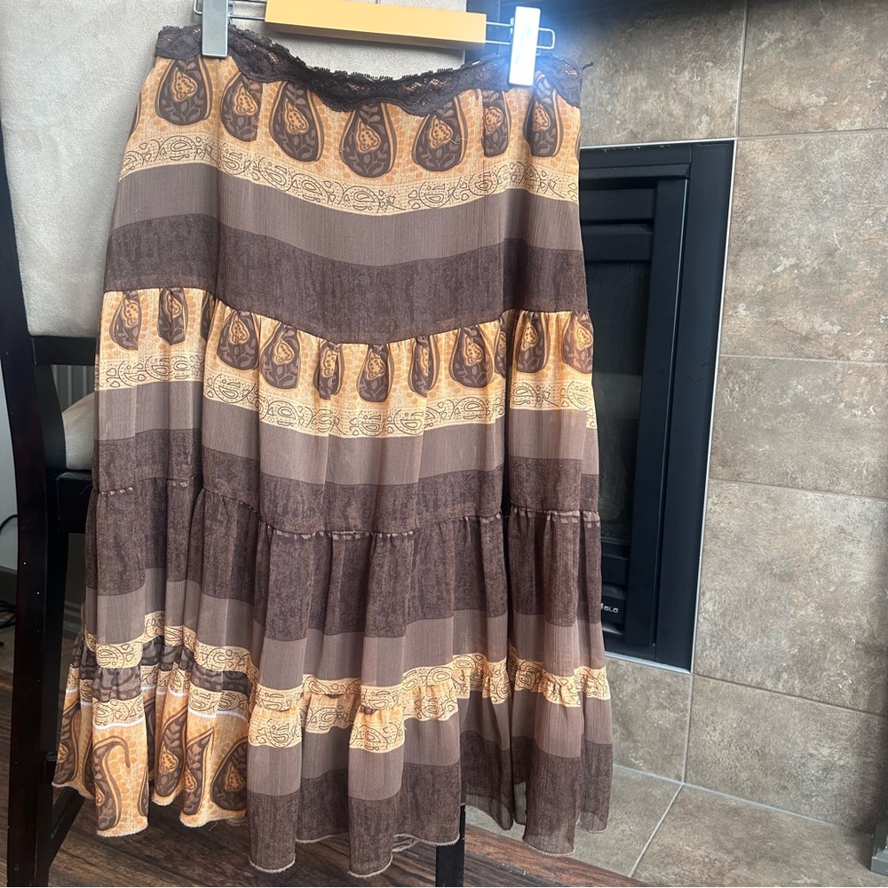 Vintage 90s Jessica Petite Paisley Stripe Flowy Boho A-Line Midi Skirt Size 12P